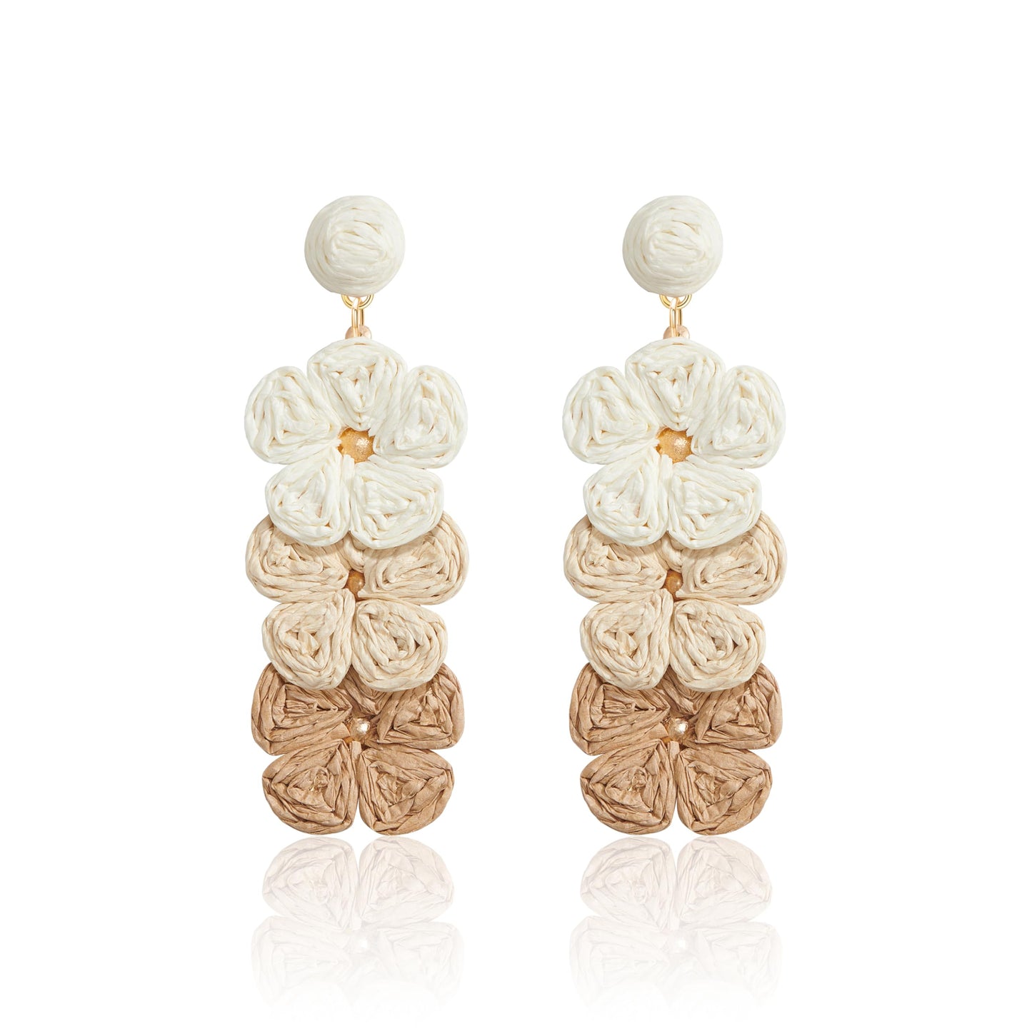 Summer Raffia Flower Earrings, Raffia Straw Wrapped Gradient Ramp Floral Statement Spring Beach Rattan Handmade Earring for Women, Boho Dangle Jewelry Gift - White/Pink/Blue