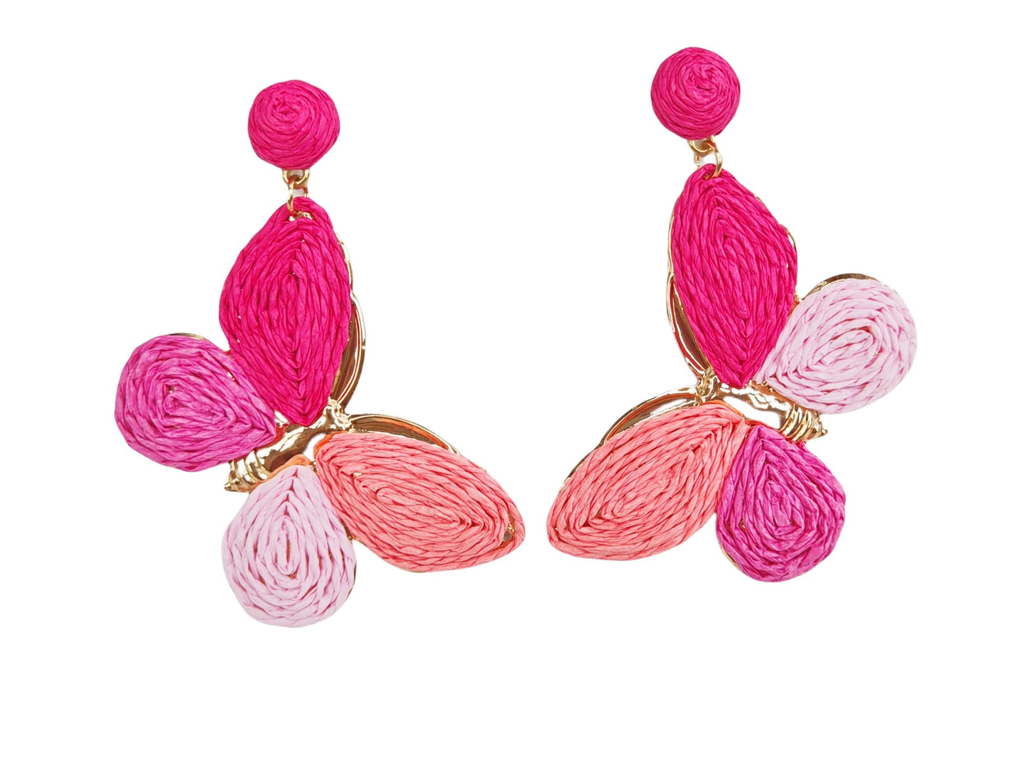 Raffia Colorful Butterfly Earrings, Gradient Ramp Raffia Straw Wrapped Statement Butterflies Handmade Earring for Women, Summer Mix Color Boho Dangle Tropical Beach Jewelry Gift