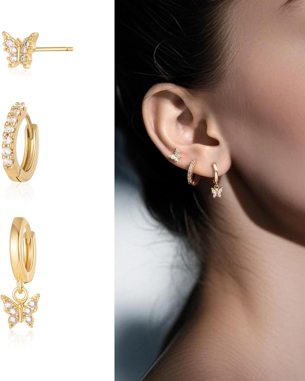 3 Pairs Butterfly Gold Hoop Earrings for Women, 14K Gold Plated Earring Set, Sparkly Butterfly Dangle Earrings Huggie Pack, Trendy Jewelry Gifts for Women Earrings