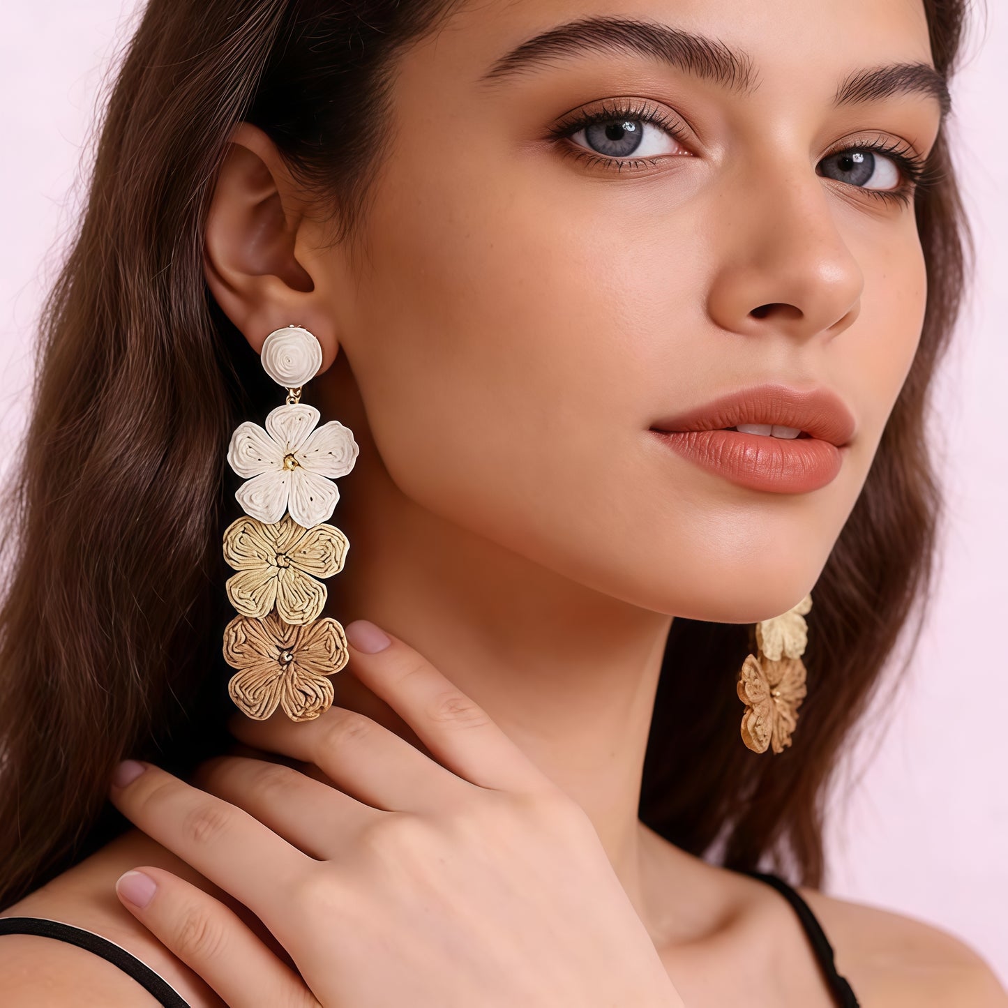 Summer Raffia Flower Earrings, Raffia Straw Wrapped Gradient Ramp Floral Statement Spring Beach Rattan Handmade Earring for Women, Boho Dangle Jewelry Gift - White/Pink/Blue