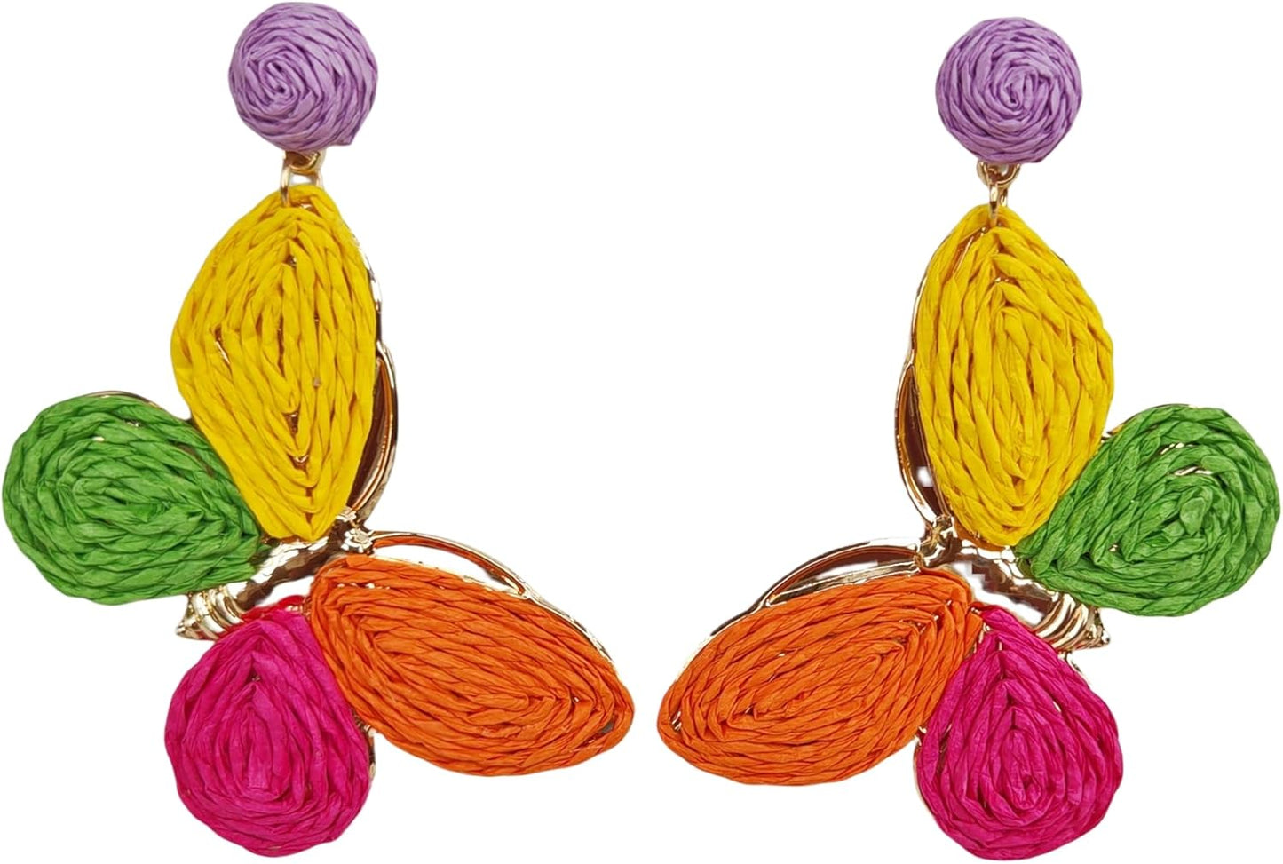 Raffia Colorful Butterfly Earrings, Gradient Ramp Raffia Straw Wrapped Statement Butterflies Handmade Earring for Women, Summer Mix Color Boho Dangle Tropical Beach Jewelry Gift