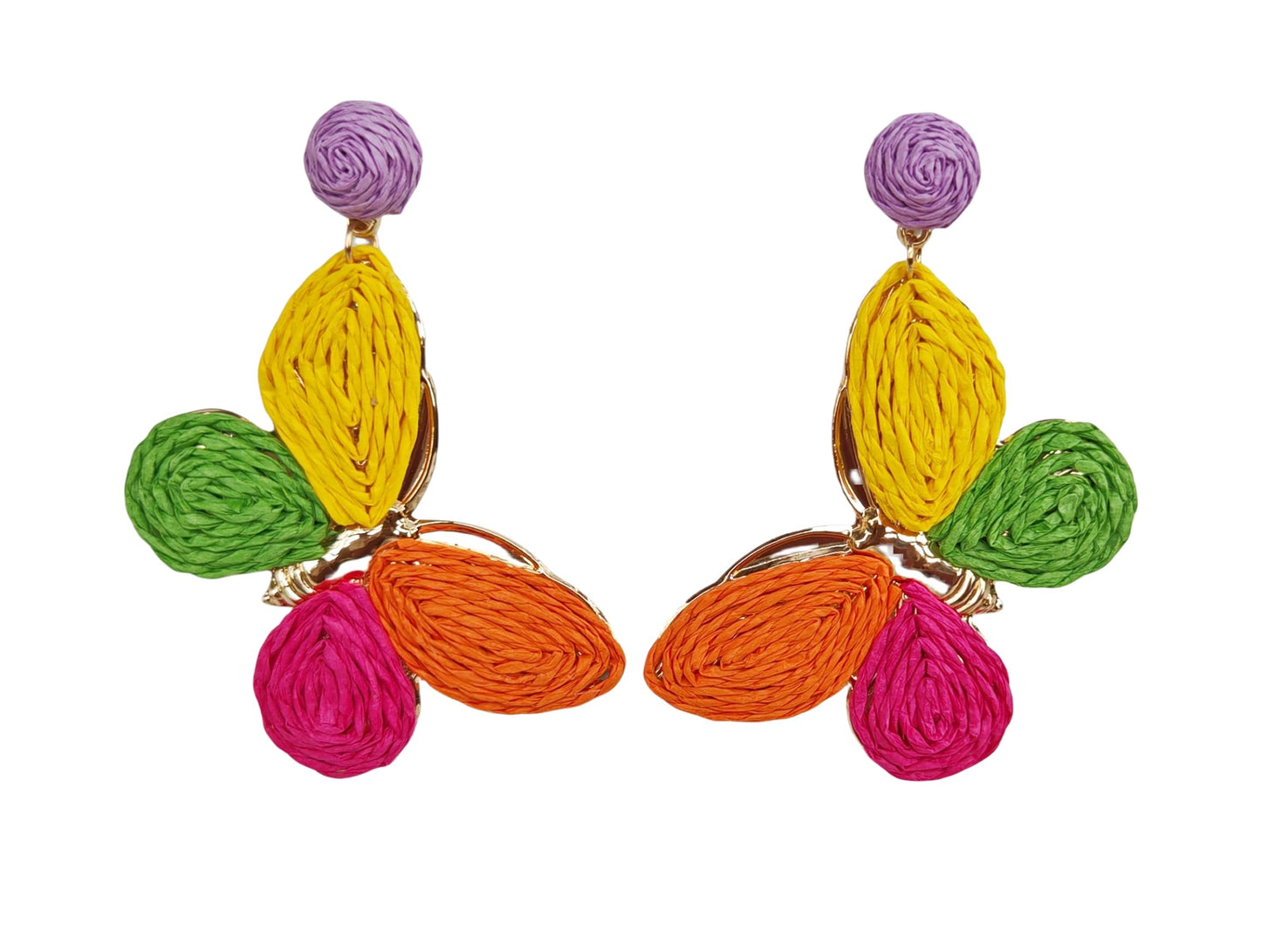 Raffia Colorful Butterfly Earrings, Gradient Ramp Raffia Straw Wrapped Statement Butterflies Handmade Earring for Women, Summer Mix Color Boho Dangle Tropical Beach Jewelry Gift