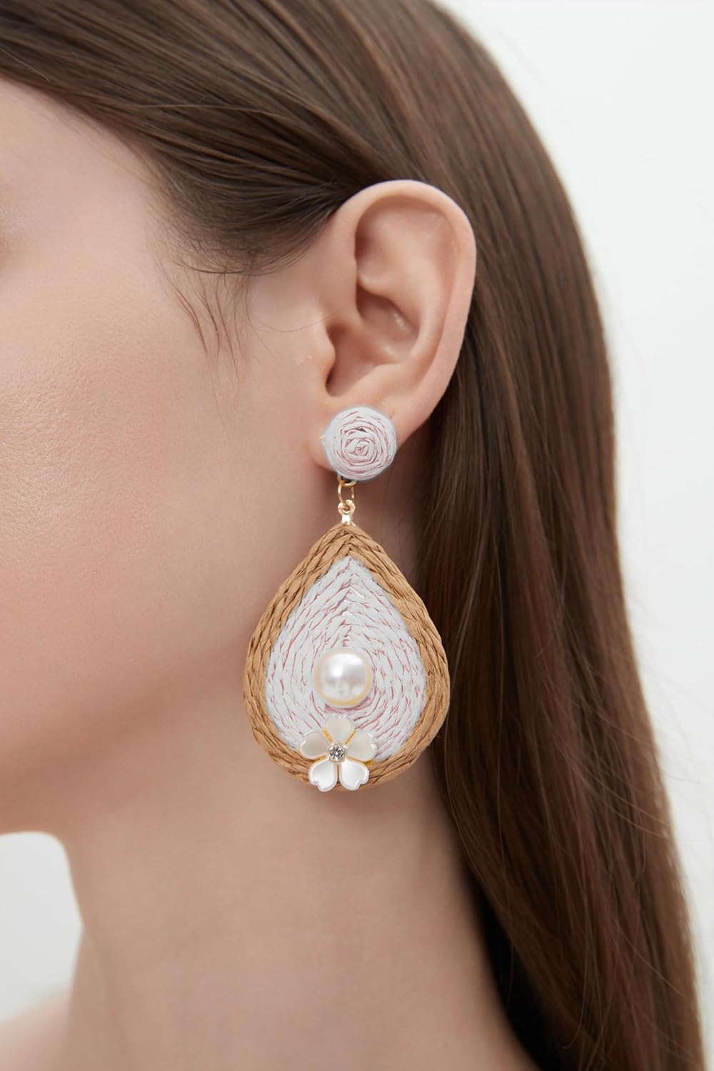 Elegant Water Drop Pearl Earrings with Small Flower, Raffia Straw Wrapped Handmade Bobo Earring for Women, Beach Drop Dangle Statement Jewelry Gifts for Women