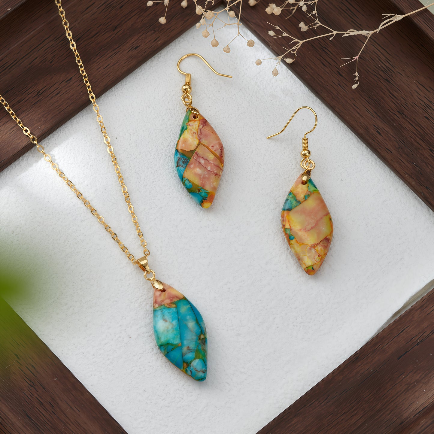 Natural Healing Stone Pendant Emperor Stone 18K Gold Plated Necklaces and Earrings Set for Women Friends, Sister, Mom, Natural stone Pendant Healing boho Friendship Jewelry Inspirational Gifts
