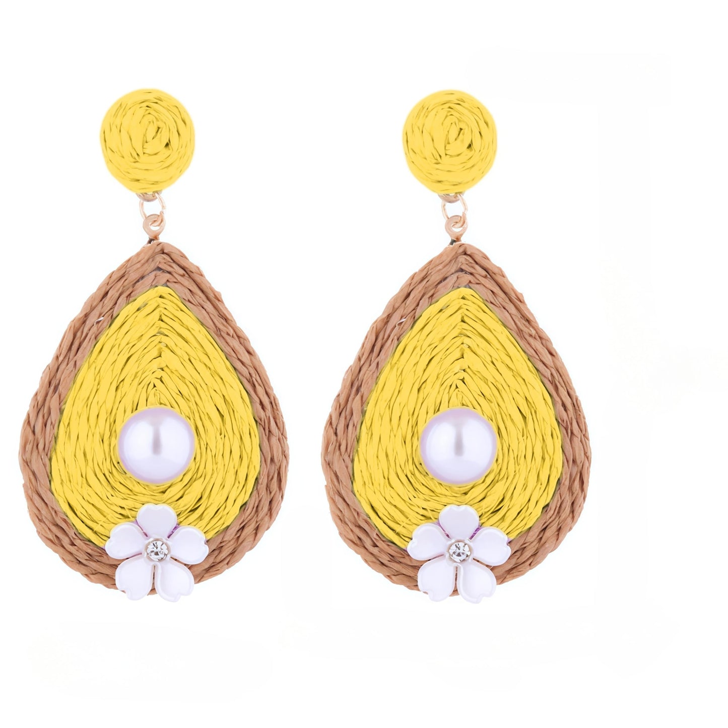 Elegant Water Drop Pearl Earrings with Small Flower, Raffia Straw Wrapped Handmade Bobo Earring for Women, Beach Drop Dangle Statement Jewelry Gifts for Women