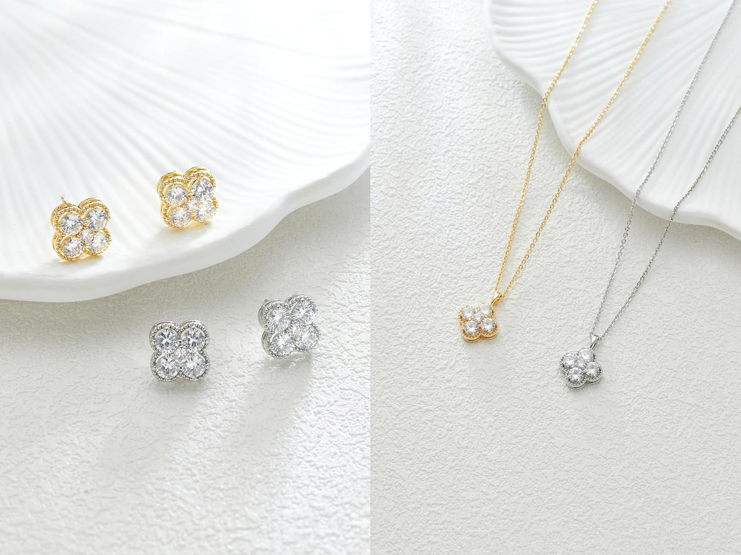 Clover Necklace and Stud Earrings Jewelry Set 14K Gold Plated Dainty Four Leaf Lucky Choker Charm Necklace Clover S925 Sterling Silver Stud with Gift Box Birthday Gifts for Women ﻿