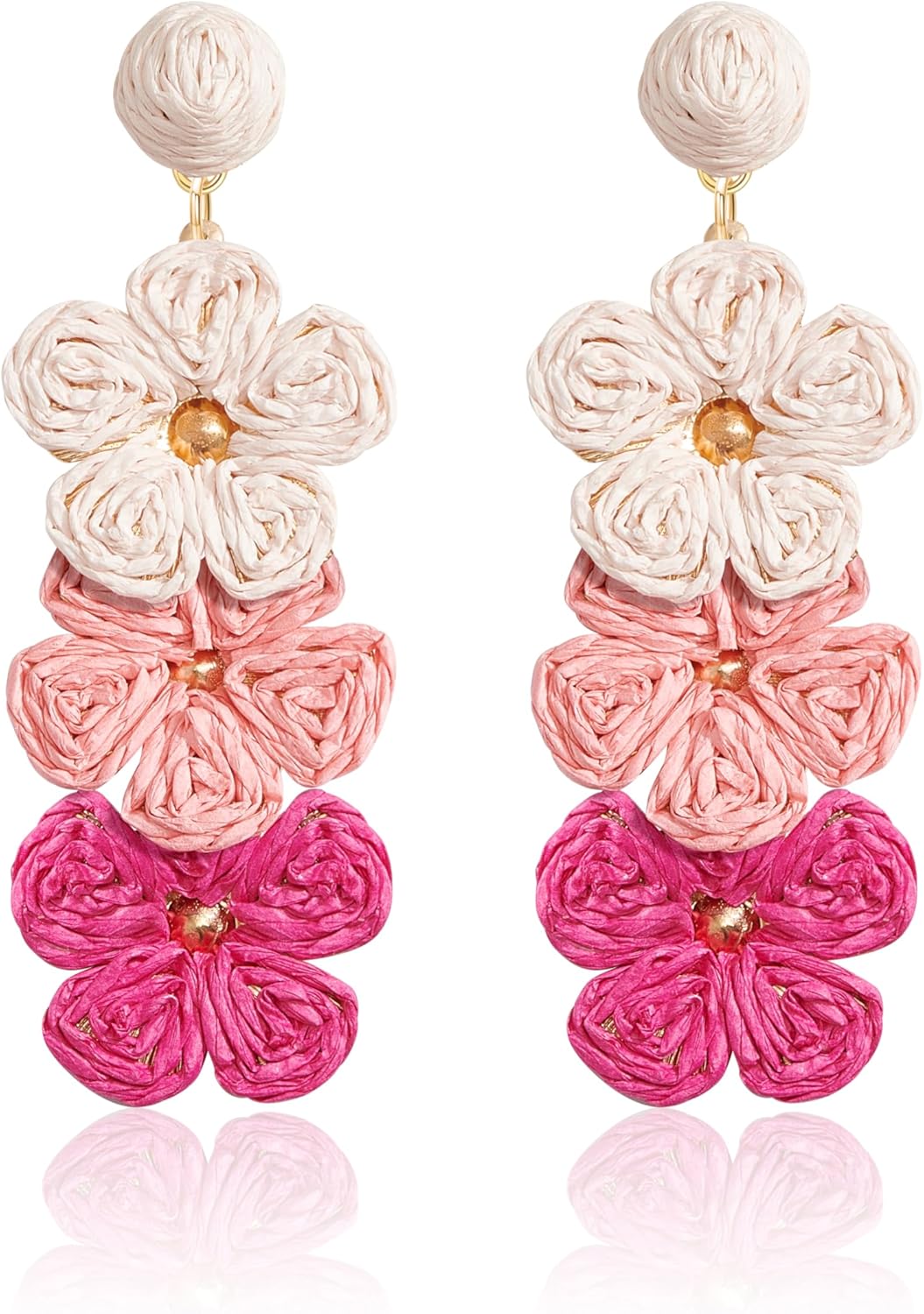 Summer Raffia Flower Earrings, Raffia Straw Wrapped Gradient Ramp Floral Statement Spring Beach Rattan Handmade Earring for Women, Boho Dangle Jewelry Gift - White/Pink/Blue