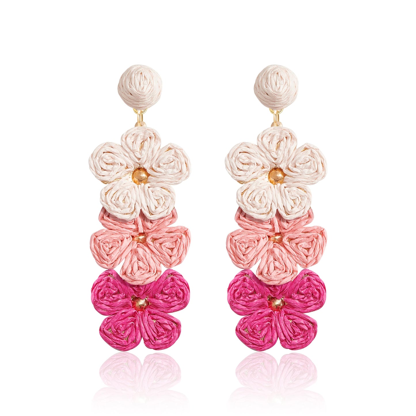Summer Raffia Flower Earrings, Raffia Straw Wrapped Gradient Ramp Floral Statement Spring Beach Rattan Handmade Earring for Women, Boho Dangle Jewelry Gift - White/Pink/Blue