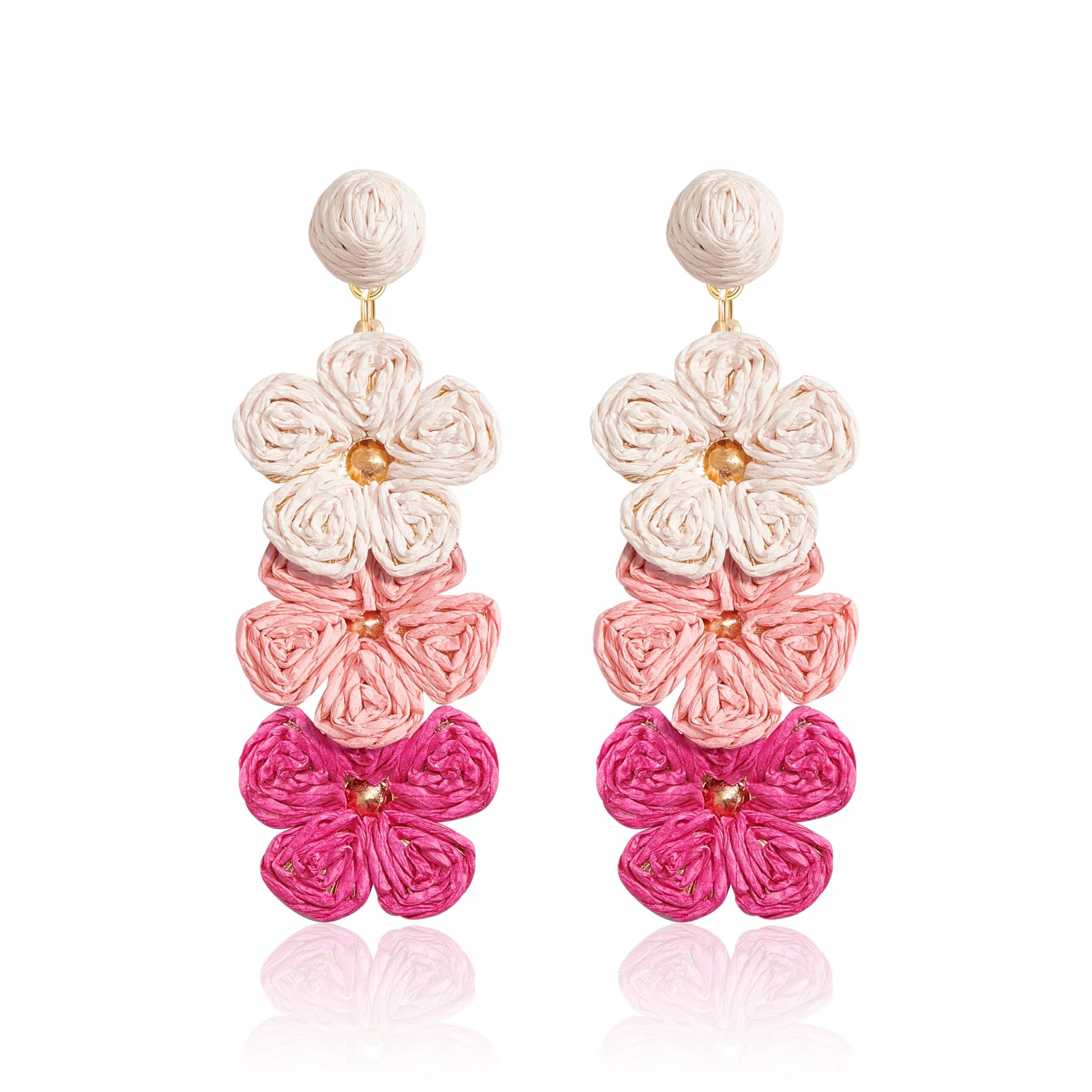 Summer Raffia Flower Earrings, Raffia Straw Wrapped Gradient Ramp Floral Statement Spring Beach Rattan Handmade Earring for Women, Boho Dangle Jewelry Gift - White/Pink/Blue