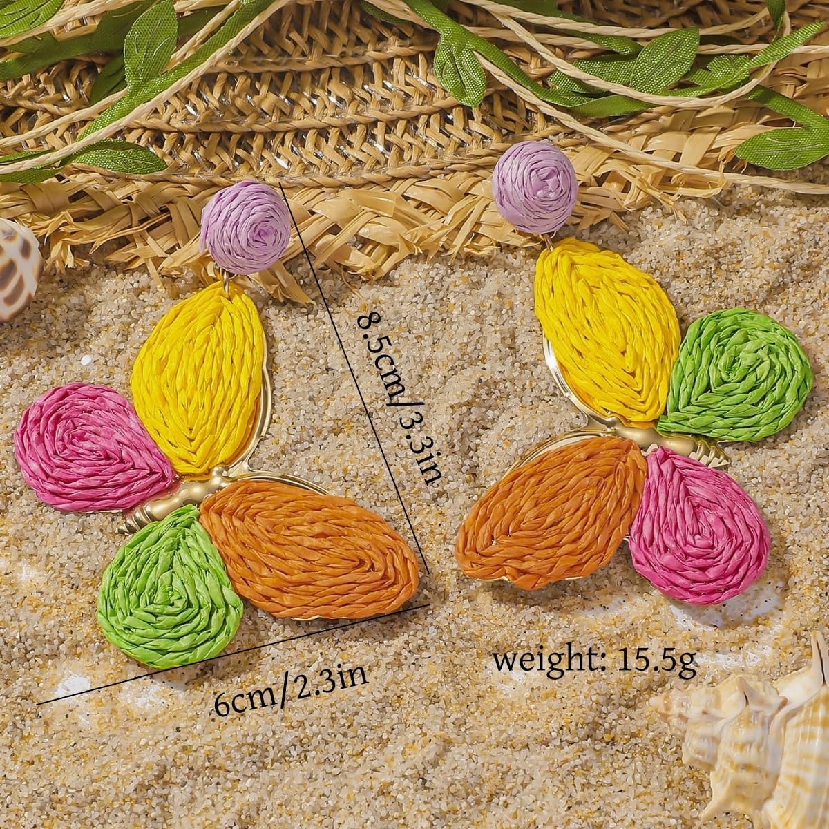 Raffia Colorful Butterfly Earrings, Gradient Ramp Raffia Straw Wrapped Statement Butterflies Handmade Earring for Women, Summer Mix Color Boho Dangle Tropical Beach Jewelry Gift
