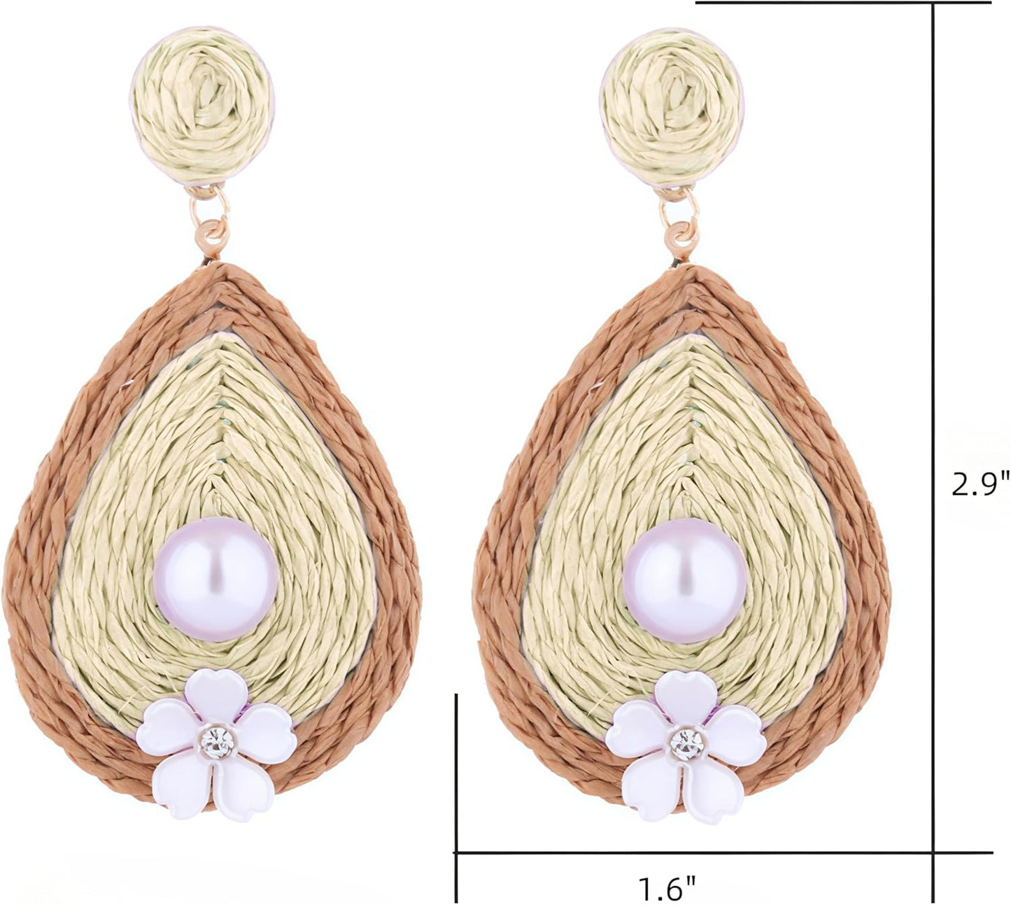 Elegant Water Drop Pearl Earrings with Small Flower, Raffia Straw Wrapped Handmade Bobo Earring for Women, Beach Drop Dangle Statement Jewelry Gifts for Women