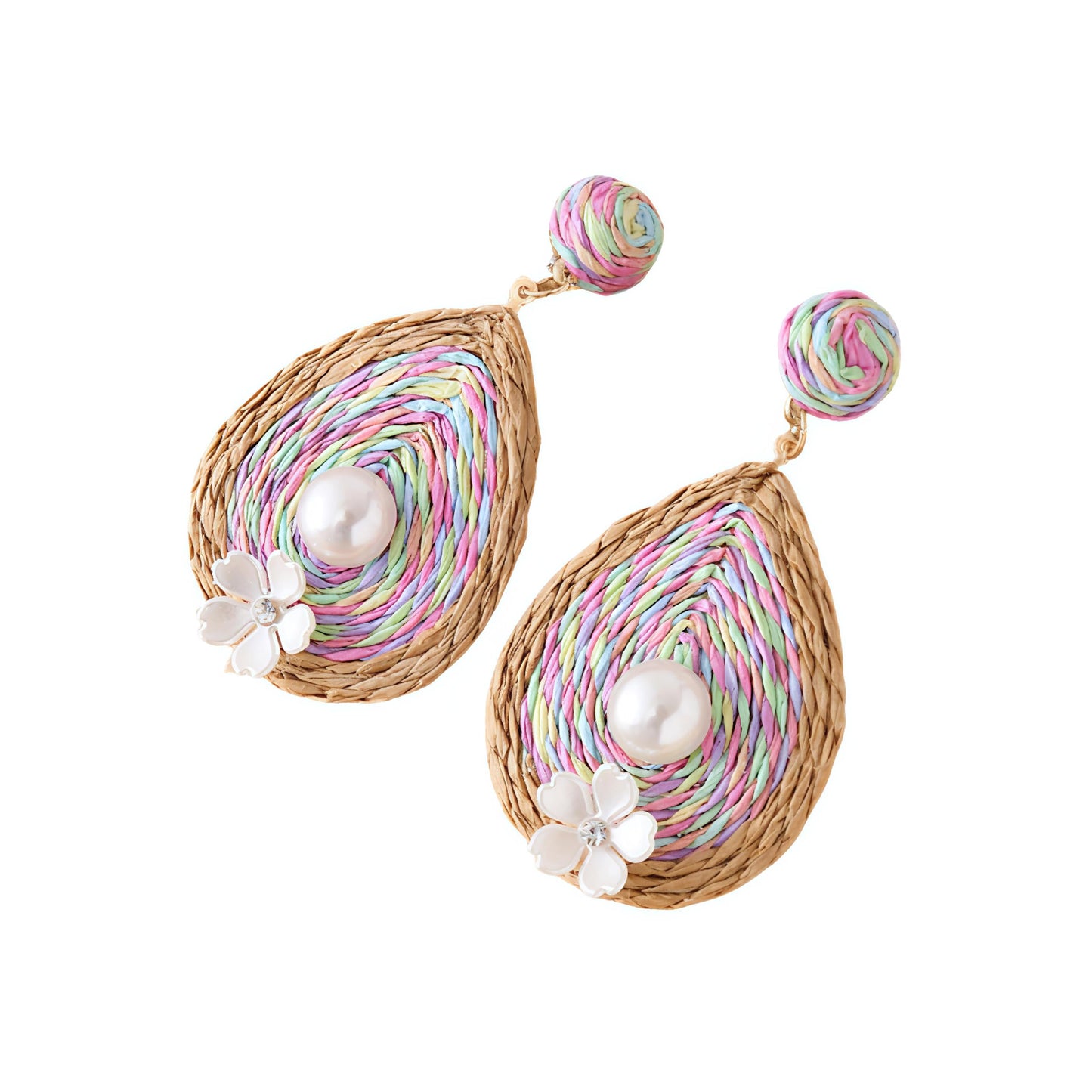 Elegant Water Drop Pearl Earrings with Small Flower, Raffia Straw Wrapped Handmade Bobo Earring for Women, Beach Drop Dangle Statement Jewelry Gifts for Women