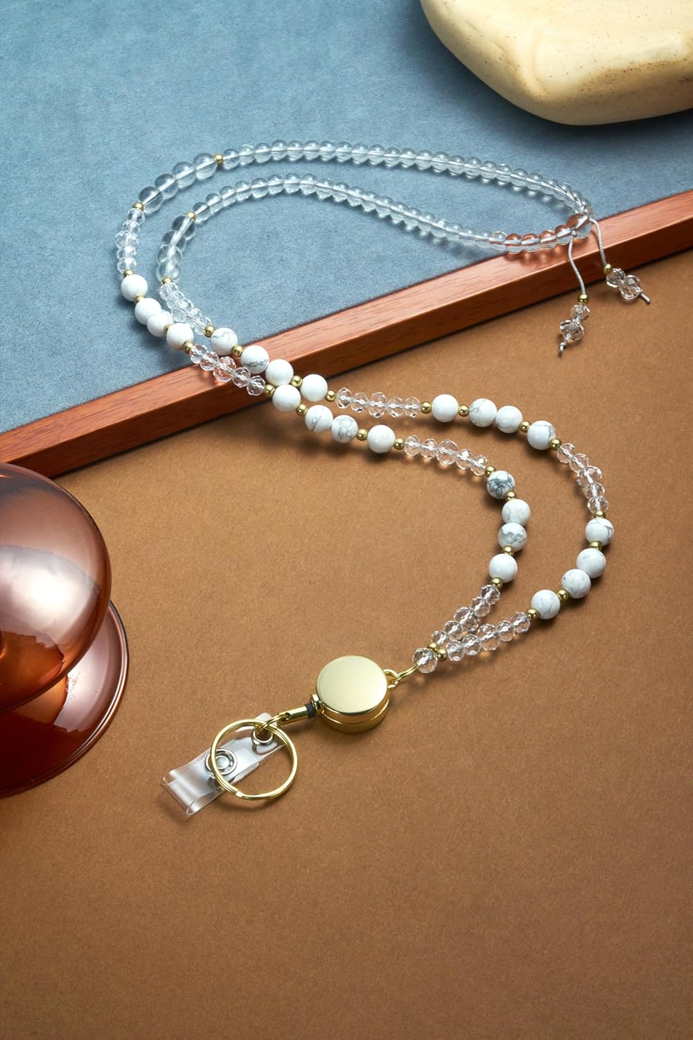 Lanyards for ID Badges and Keys, Retractable Cute Beaded Natural Stone Lanyard for Women, Bead Keychain for Teacher