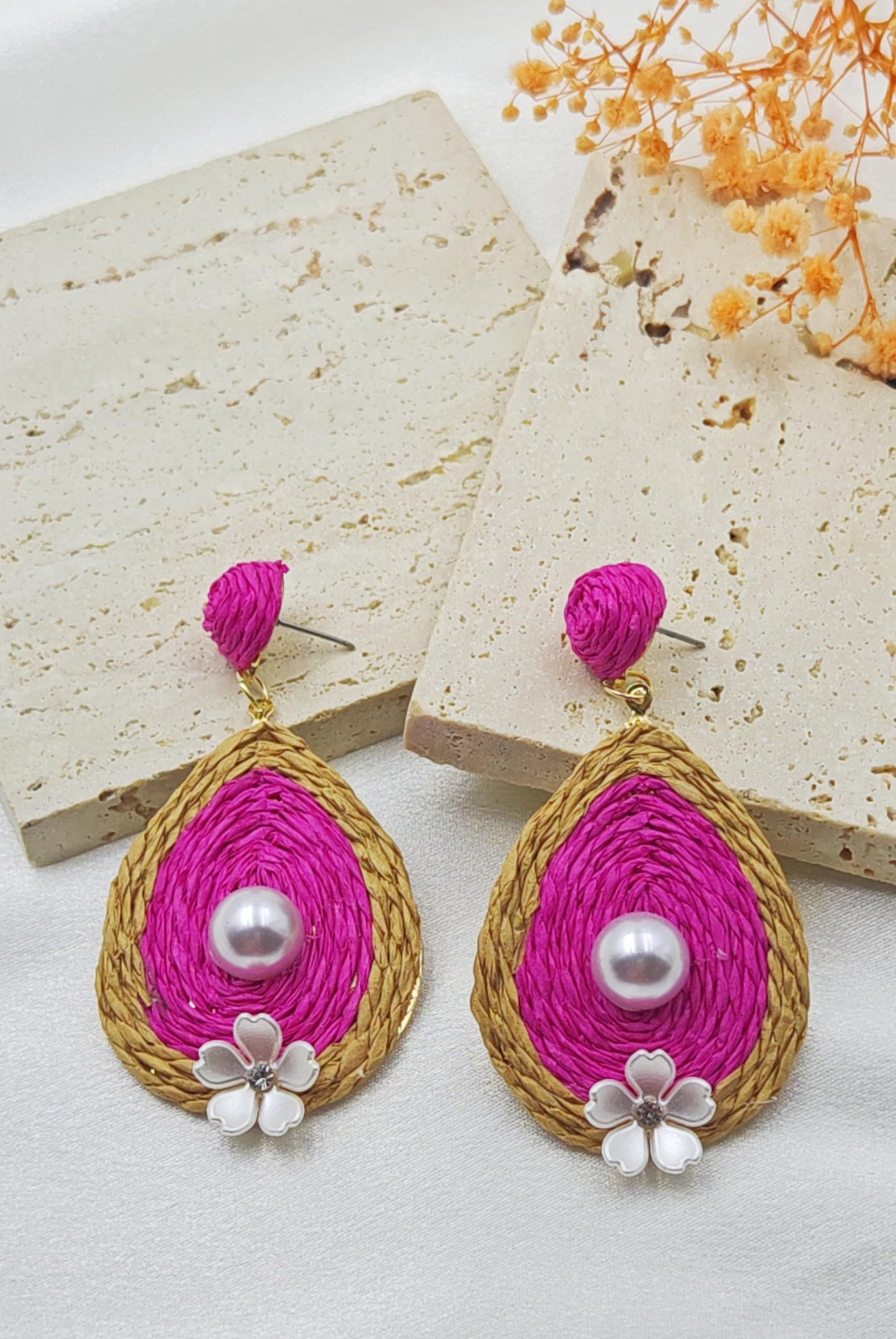 Elegant Water Drop Pearl Earrings with Small Flower, Raffia Straw Wrapped Handmade Bobo Earring for Women, Beach Drop Dangle Statement Jewelry Gifts for Women