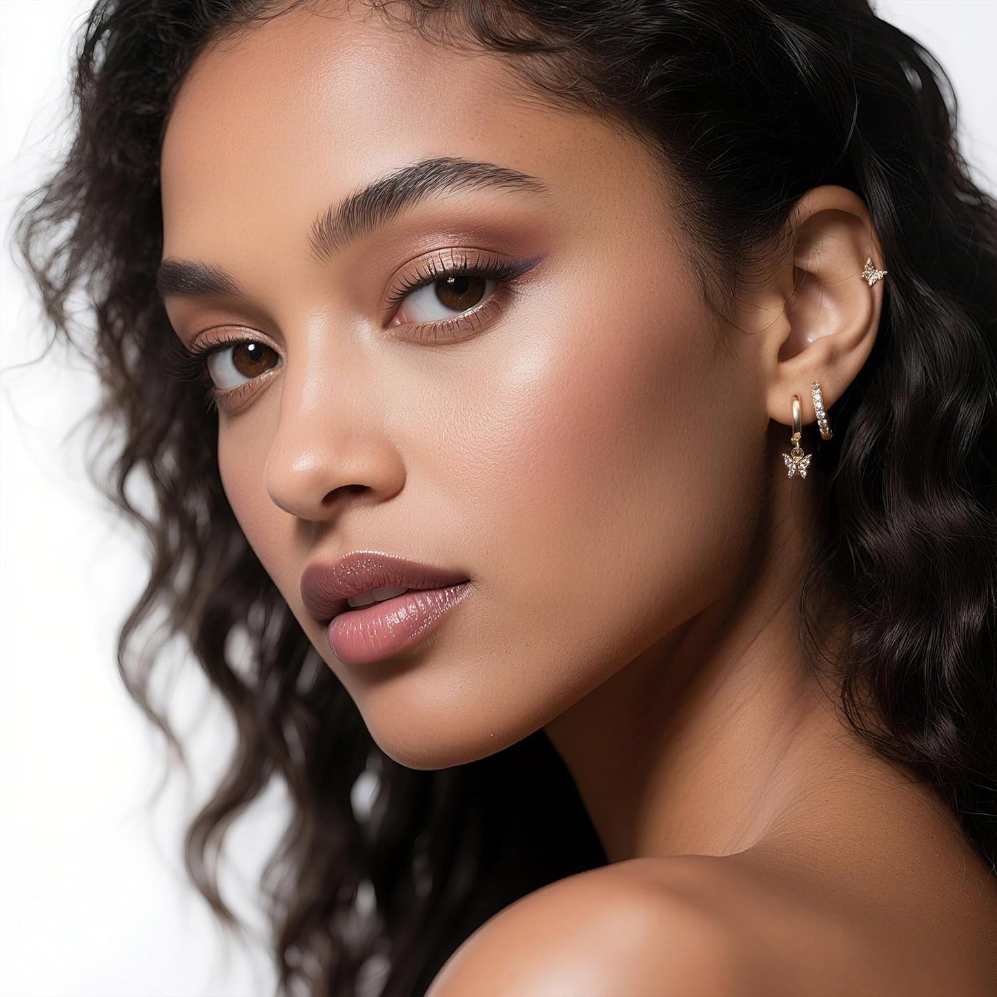 3 Pairs Butterfly Gold Hoop Earrings for Women, 14K Gold Plated Earring Set, Sparkly Butterfly Dangle Earrings Huggie Pack, Trendy Jewelry Gifts for Women Earrings