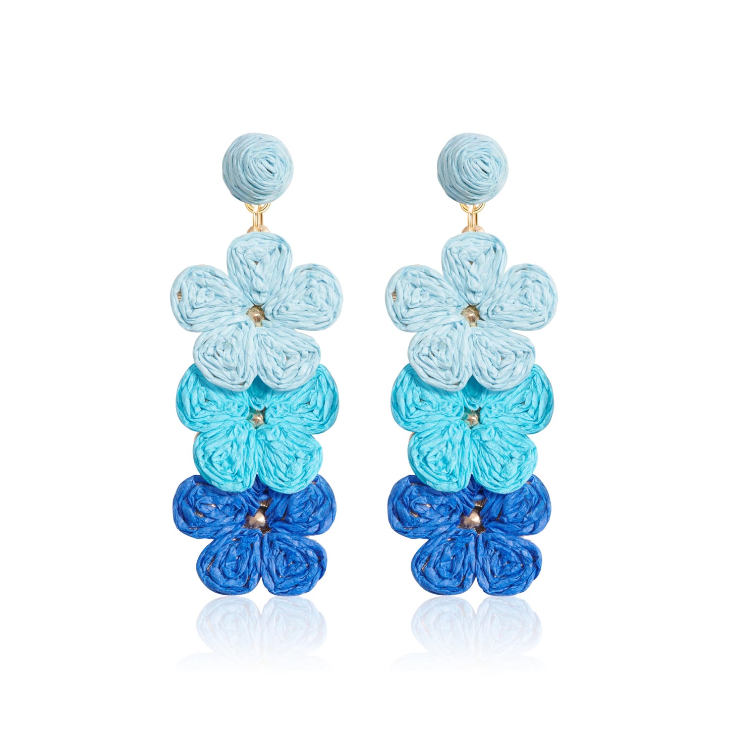 Summer Raffia Flower Earrings, Raffia Straw Wrapped Gradient Ramp Floral Statement Spring Beach Rattan Handmade Earring for Women, Boho Dangle Jewelry Gift - White/Pink/Blue