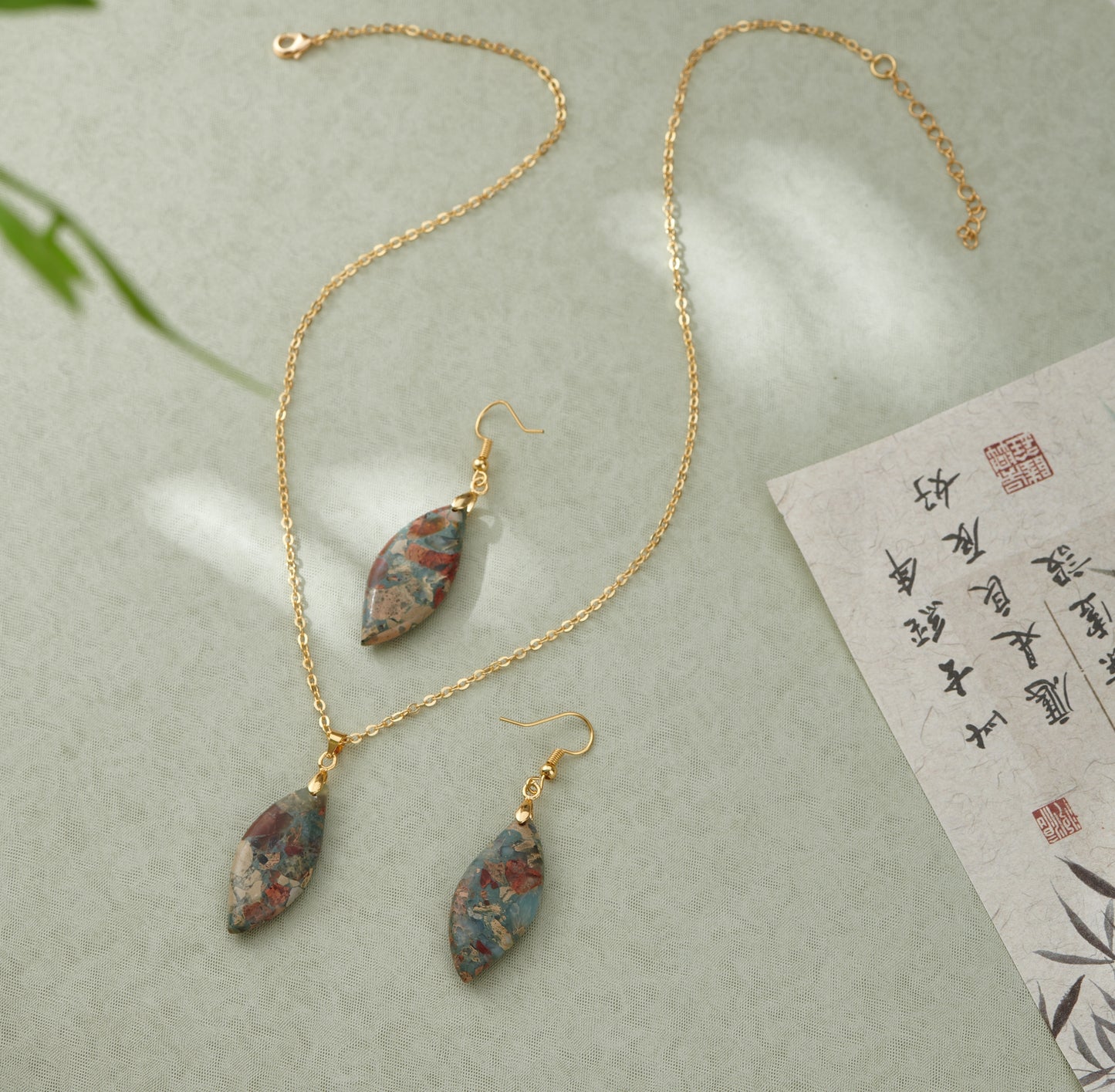 Natural Healing Stone Pendant Emperor Stone 18K Gold Plated Necklaces and Earrings Set for Women Friends, Sister, Mom, Natural stone Pendant Healing boho Friendship Jewelry Inspirational Gifts
