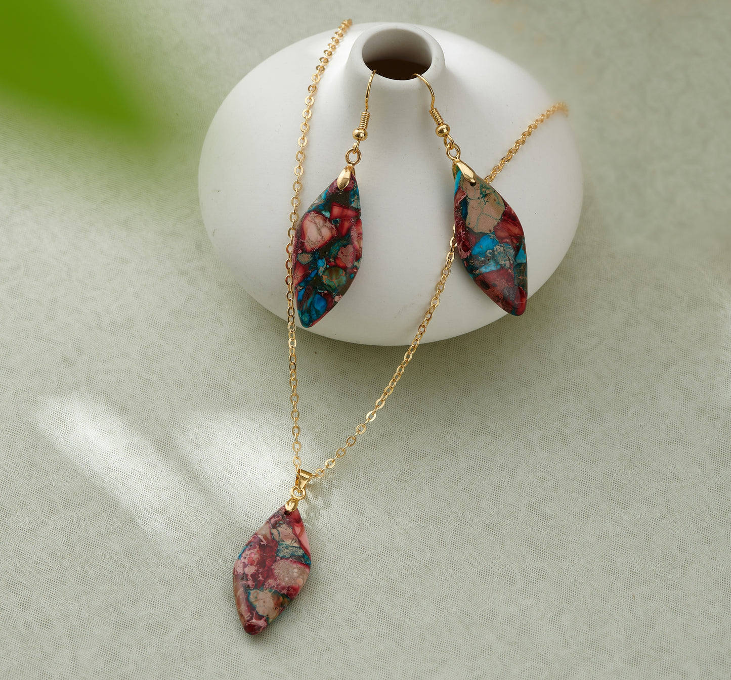 Natural Healing Stone Pendant Emperor Stone 18K Gold Plated Necklaces and Earrings Set for Women Friends, Sister, Mom, Natural stone Pendant Healing boho Friendship Jewelry Inspirational Gifts