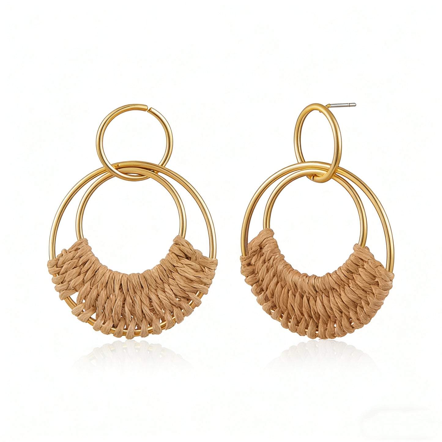 Summer Raffia Round Circle Earrings, Raffia Straw Wrapped Handmade Earring for Women, Boho Dangle Statement Tropical Beach Jewelry Gifts for Women
