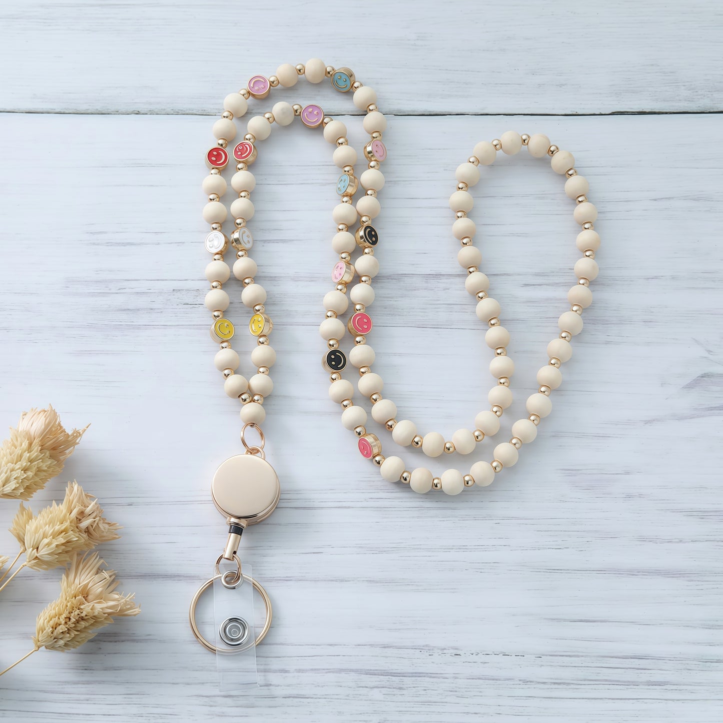Retractable Wood Beaded Lanyards for Id Badges Holder, Teacher Breakaway Lanyard, Keychain Id Lanyard for Women