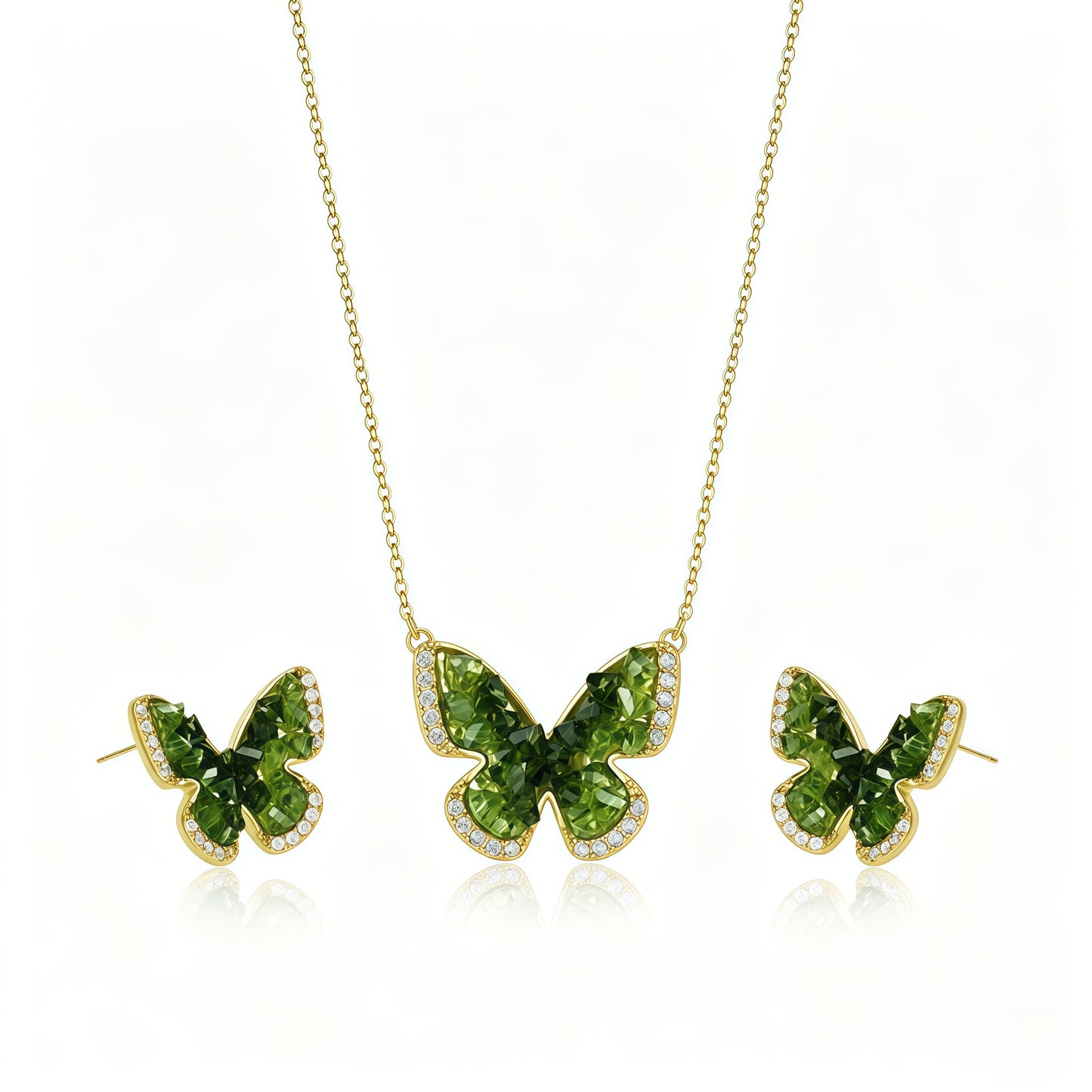 YEATMUE Crystal Butterfly Pendant Necklace and Earring Stud Set, Green Butterfly, 14K Gold Plated Brass Chain, Adjustable Length, Gold Necklace for Women