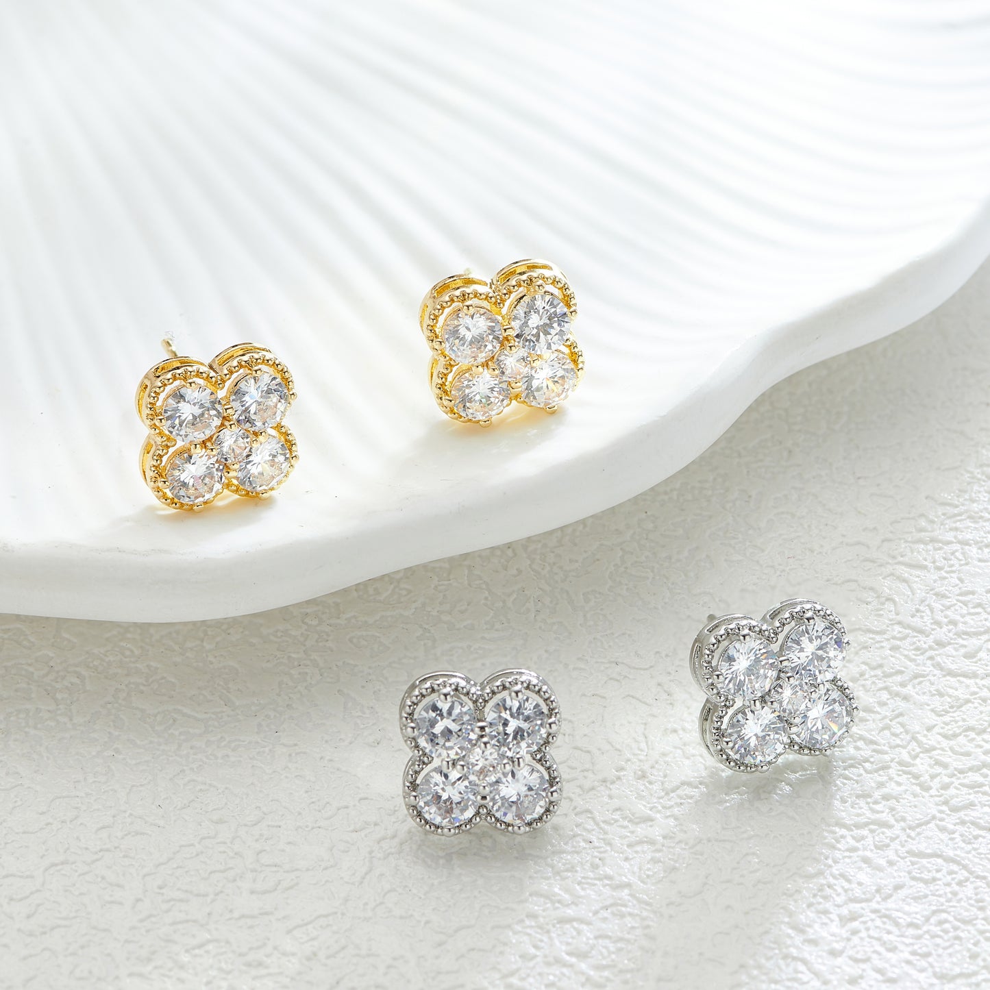 Clover Zircon Necklace and Earrings Set-Gold/Silver